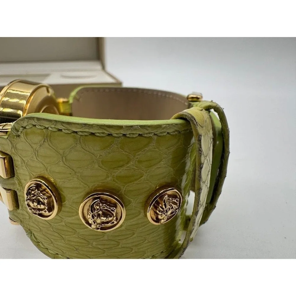 Versace GMT & Alarm Gold Tone Watch Lime Green Leather Strap Medusa Swiss Made